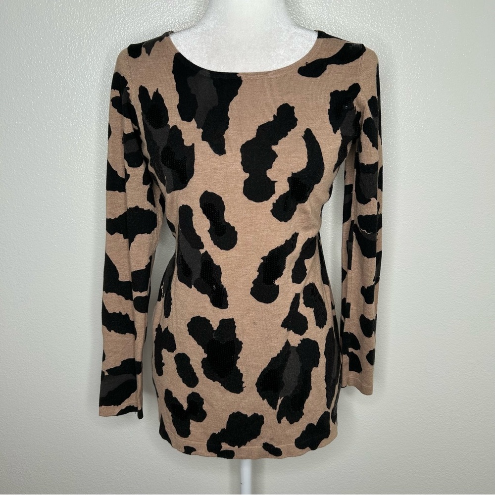 INC Womens Beige & Black Animal Print Sequin Long Sleeve Sweater Top Size M